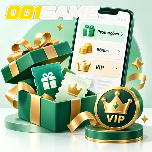 001GAME — ilustração de presentes, promoções e símbolo VIP ao lado de um celular