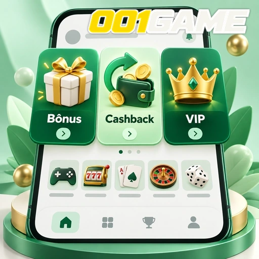 001GAME — ilustração de lobby de jogos com bônus, cashback e área VIP