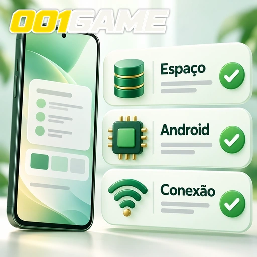 001GAME — ilustração dos requisitos de espaço, Android e conexão para o aplicativo